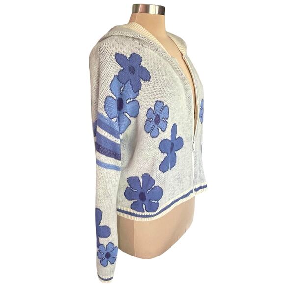 VTG Witty Fox Y2K Cropped Floral Sweater Hoodie Full Zip Size XL Varsity Stripe - Picture 3 of 7